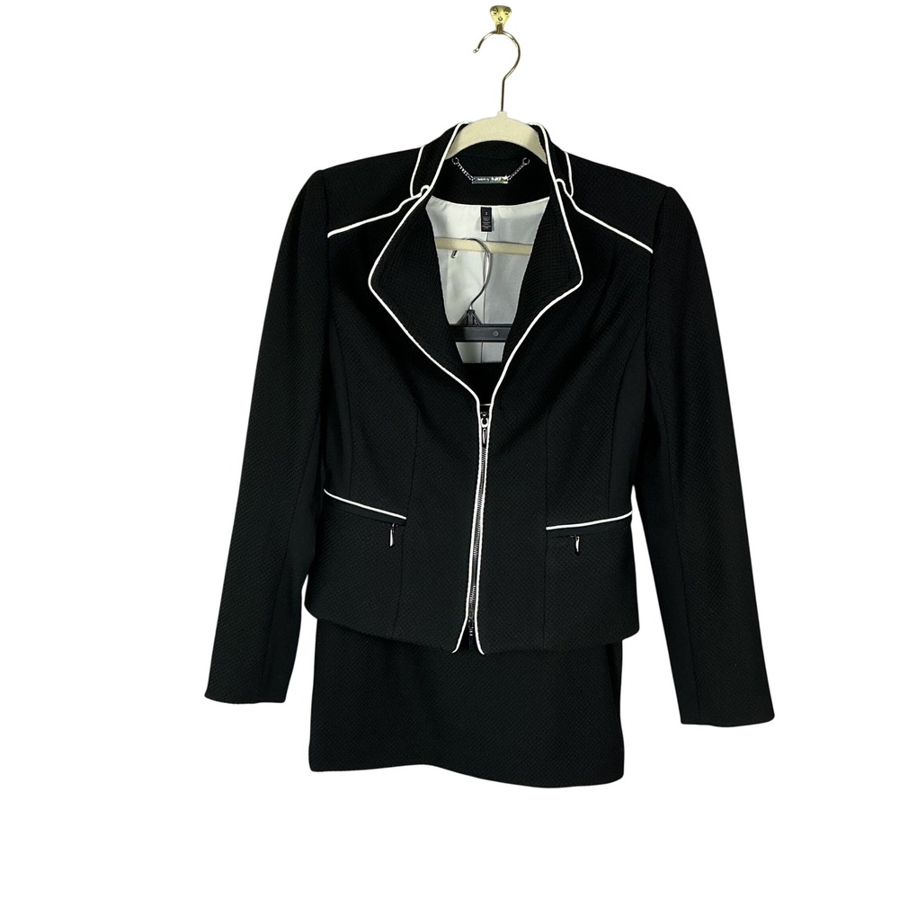 White House Black Market Black Textured Zip Skirt Blazer Suit White Piping 2